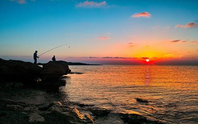 landscape, nature, crimea, sea, stones, sunset, the sun, evening, fishermen, fishing, people