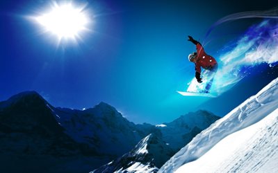 sport, montagna, snowboard, neve, atleta, saltare, invernali, cielo, sole