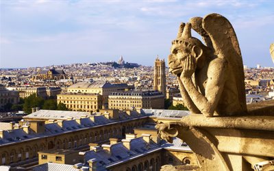 la scultura, la cattedrale di notre-dame di parigi, la cattedrale, tetto, casa, parigi, città, francia, gargoyle