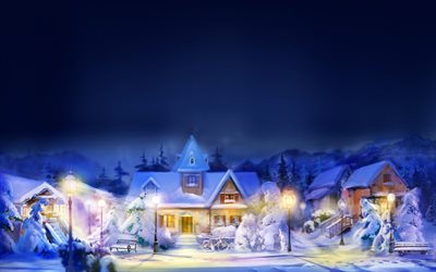 la nieve, las luces, el paisaje, la casa, invierno, casas de