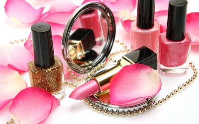 pétalos de flores, perlas, espejo, burbuja, barra de labios, laca, cosméticos, rosa
