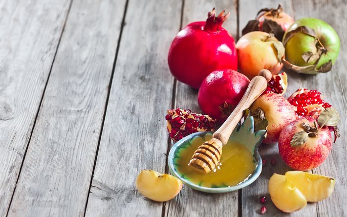 slices, honey, grenades, apples, fruit, fruits, board