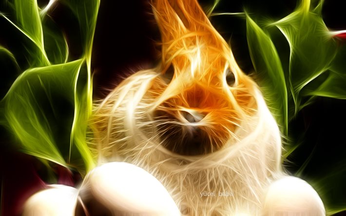 animal, rabbit, fractal, grass, eggs, graphics, easter, leaves
