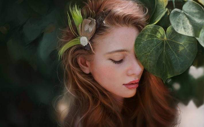 girl, brown hair, nature, leaves, barrette, feathers, picture