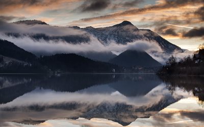 nature, landscape, mountains, water, the lake, fog, clouds, reflection, evening, twilight