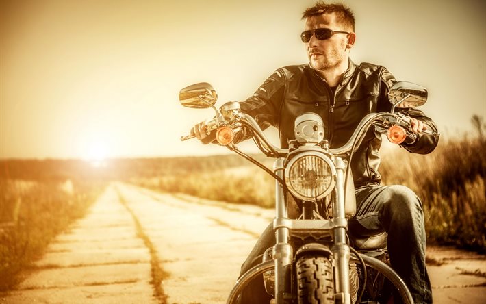 man, glasses, motorcycle, biker, road