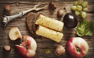 food, bread, cheese, nuts, fruit, peaches, plum, grapes, berries, leaves, board