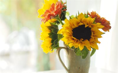 vase, mug, flowers, bouquet, sunflowers