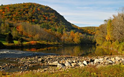 natura, paesaggio, autunno, collina, acqua, fiume, pietre