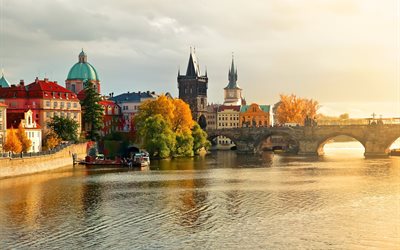 vltava, river, water, boats, czech republic, building, charles bridge, home, tower, the city, the bridge, prague, nature, autumn