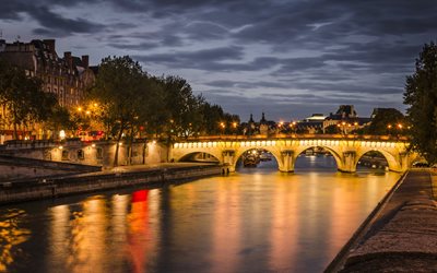 river, paris, water, hay, the city, the bridge, building, france, evening, lights, promenade