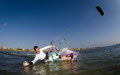water, the ocean, man, sports, guy, kitesurfing, surf, parachute