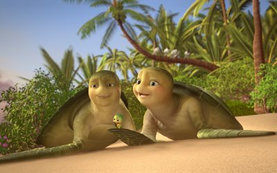 palm trees, sand, vegetation, drying, turtles, parents, cartoon, a thousand, family