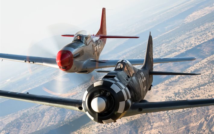 マスタング, p-51, 飛行, 空気, ペア, monoplane, ファイターズ, 飛行機, とfw-190