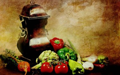 verduras, comida, todavía vida, jarrón