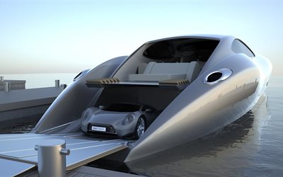 megayacht, gray design, sea, yacht, car