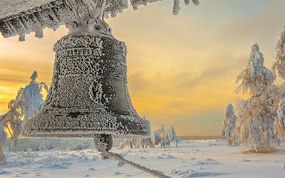 winter, snow, landscape, frost, trees, bell