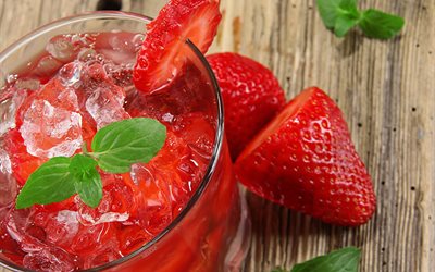 boire, de fraise, de verre, de petits fruits, de la glace, de la nourriture, des feuilles
