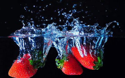 berries, strawberry, food, water, spray