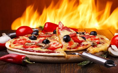 food, pizza, tomatoes, pepper, stand, fire