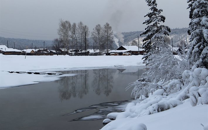 river, water, landscape, snow, nature, trees, home