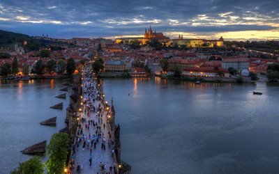 the bridge, home, prague, water, lights, vltava, river, the city, czech republic, evening