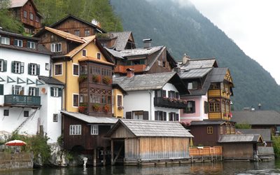 forest, mountains, water, river, hallstatt, home, the city, austria, building