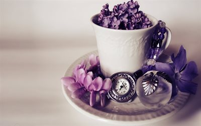 lilac, beads, flowers, watch, saucer, figure, cup, apple, macro