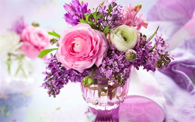 a beautiful bouquet, rose, lilac, spring bouquet