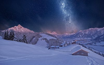 schweiz, berg, vintergatan, byn, vinter, stjärnhimmel