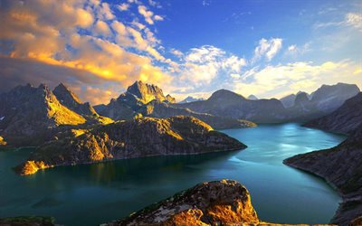 bellissimo lago, nuvole bianche, stein liland, mare, fiordi, estivo, mattina, norvegia
