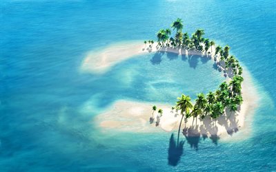 Maldivler, ada, at nalı, palmiye ağaçları, beyaz kum, okyanus