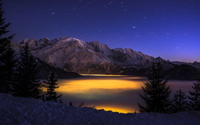 the moon, the lake, snow, mountains, night, light