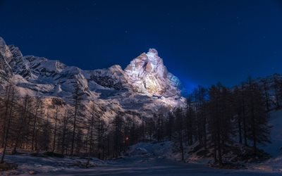 イタリア, 山々, アルプス, 夜, 冬, のマッターホルン