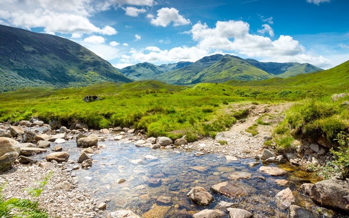 scotland, hills, stream, mountains, summer, uk