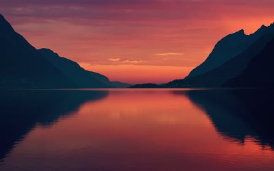 rouge ciel, été, coucher du soleil, la norvège, le fjord