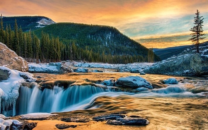 waterfall, dawn, morning, spring, canada