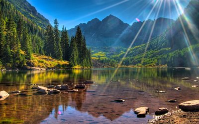 forest, the sun, mountains, usa, summer, maroon bells, colorado