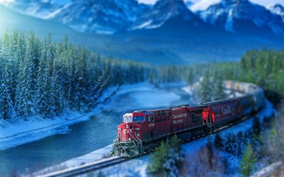 La rivière Bow, en train, en hiver, le chemin de fer, le Parc National de Banff, tilt-shift, les montagnes, Alberta, Canada