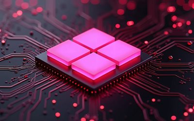 rosa leuchtendes windows 11 logo, 4k, rosa leuchtendes microsoft logo, schwarzes mainboard, windows 11 logo, windows 11 emblem, windows 11 zeichen, technologiehintergrund, windows logo, windows 11, windows