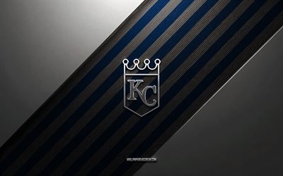 logotipo de los reales de kansas city, 4k, fondo de acero, club de beisbol americano, líneas blancas azules, emblema de los reales de kansas city, grandes ligas, béisbol, reales de kansas city, eeuu, logotipo metálico de los reales de kansas city