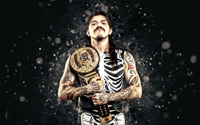 دومينيك ميستيريو, 4k, أضواء النيون البيضاء, wwe, مبدع, مصارع أمريكي, دومينيك أوسكار جوتيريز, حزام دومينيك ميستيريو, خلفية مجردة سوداء, الترفيه العالمي للمصارعة, المصارعين, دومينيك ميستيريو 4k