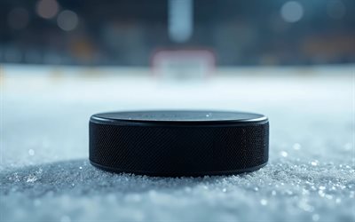 4k, hockey puck, bokeh, close-up, ice stadium, hockey, background with puck, ice, hockey concepts, hockey puck macro