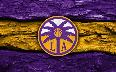 Los Angeles Sparks wooden logo, 4k, violet yellow wooden background, WNBA, basketball, Los Angeles Sparks logo, Los Angeles Sparks emblem, american basketball team, Los Angeles Sparks, LA Sparks