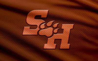 샘 휴스턴 베어캣츠 패브릭 로고, 4k, 오렌지 패브릭 배경, ncaaf, 보케, 미식 축구, 샘 휴스턴 베어캣츠 로고, ncaa, 샘 휴스턴 베어캣츠 엠블럼, 컨퍼런스 미국, 샘 휴스턴 베어캣츠