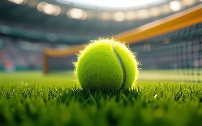 4k, tennis ball, close-up, grass tennis court, bokeh, tennis concepts, tennis net, tennis ball backgrounds, tennis court, tennis stadium, tennis