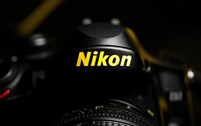 4k, logo nikon, obscurité, caméra, bokeh, marques d'électronique, marques, logo nikon 3d, oeuvre d'art, nikon