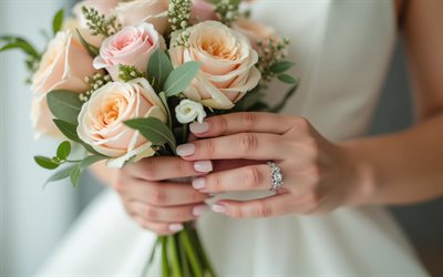 brautstrauß, weiße rosen, braut mit einem strauß rosen, trauring, hochzeitssträuße, rosen, hochzeitsvorlage, gartenkonzepte, braut mit einem blumenstrauß