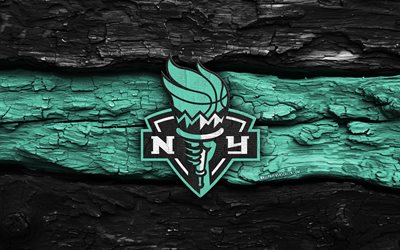 New York Liberty wooden logo, 4k, black turquoise wooden background, WNBA, basketball, New York Liberty logo, New York Liberty emblem, american basketball team, New York Liberty, NY Liberty