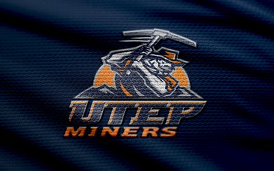 utep 광부 패브릭 로고, 4k, 블루 패브릭 배경, ncaaf, 보케, 미식 축구, utep 광부 로고, ncaa, utep 광부 엠블럼, 컨퍼런스 미국, utep 채굴자